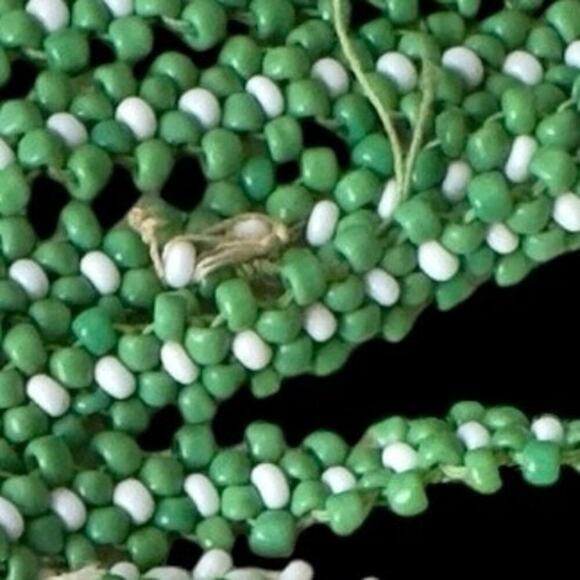 Vintage Native Tribal Seed Bead Necklace White Green Tassel Cool w Leather Back - Picture 4 of 7